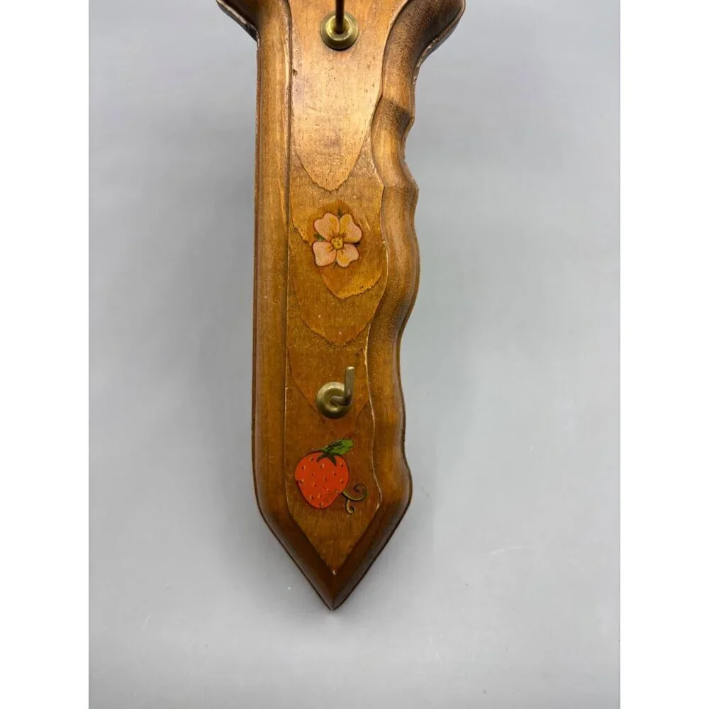 Vtg Decorative Wooden Key Shaped Wall Hook Strawberry Flower Hanging